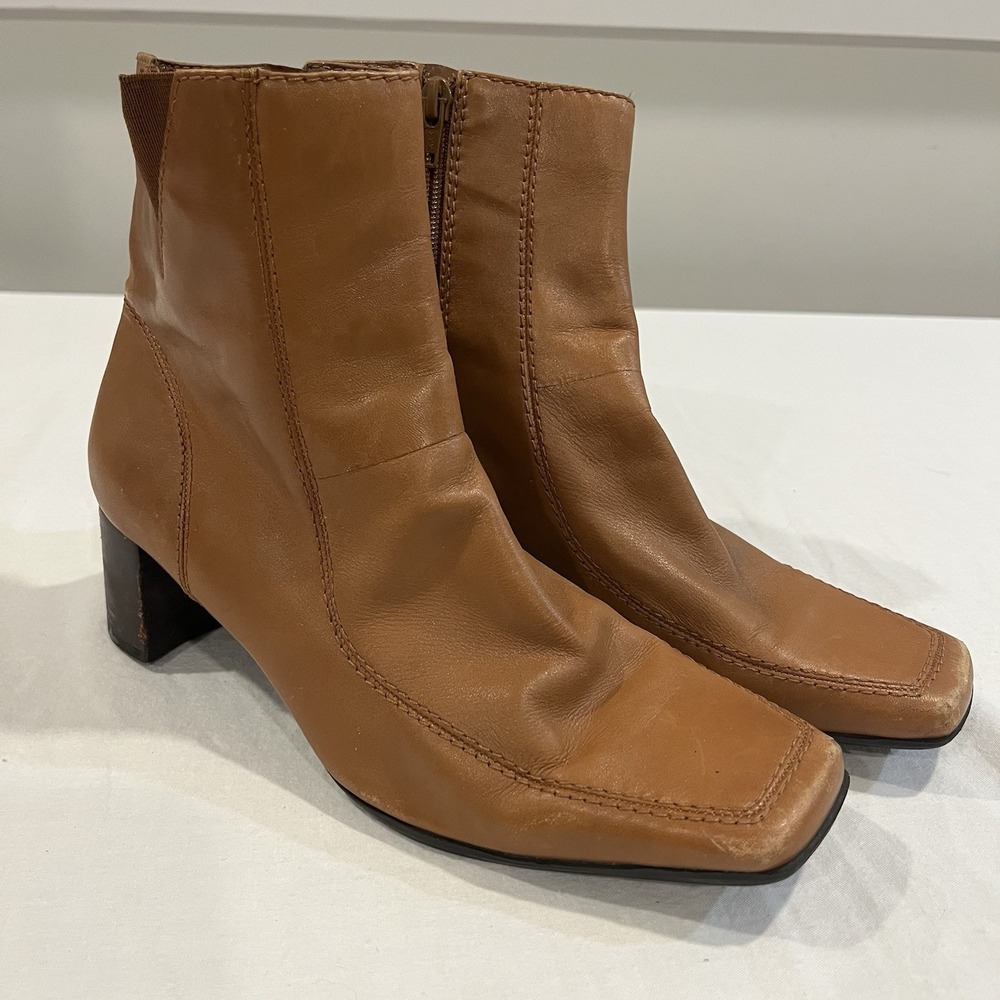 Nine West Pretty Lad Boots Women's 8M Caramel Brown Leather Zip Up Ankle Boots